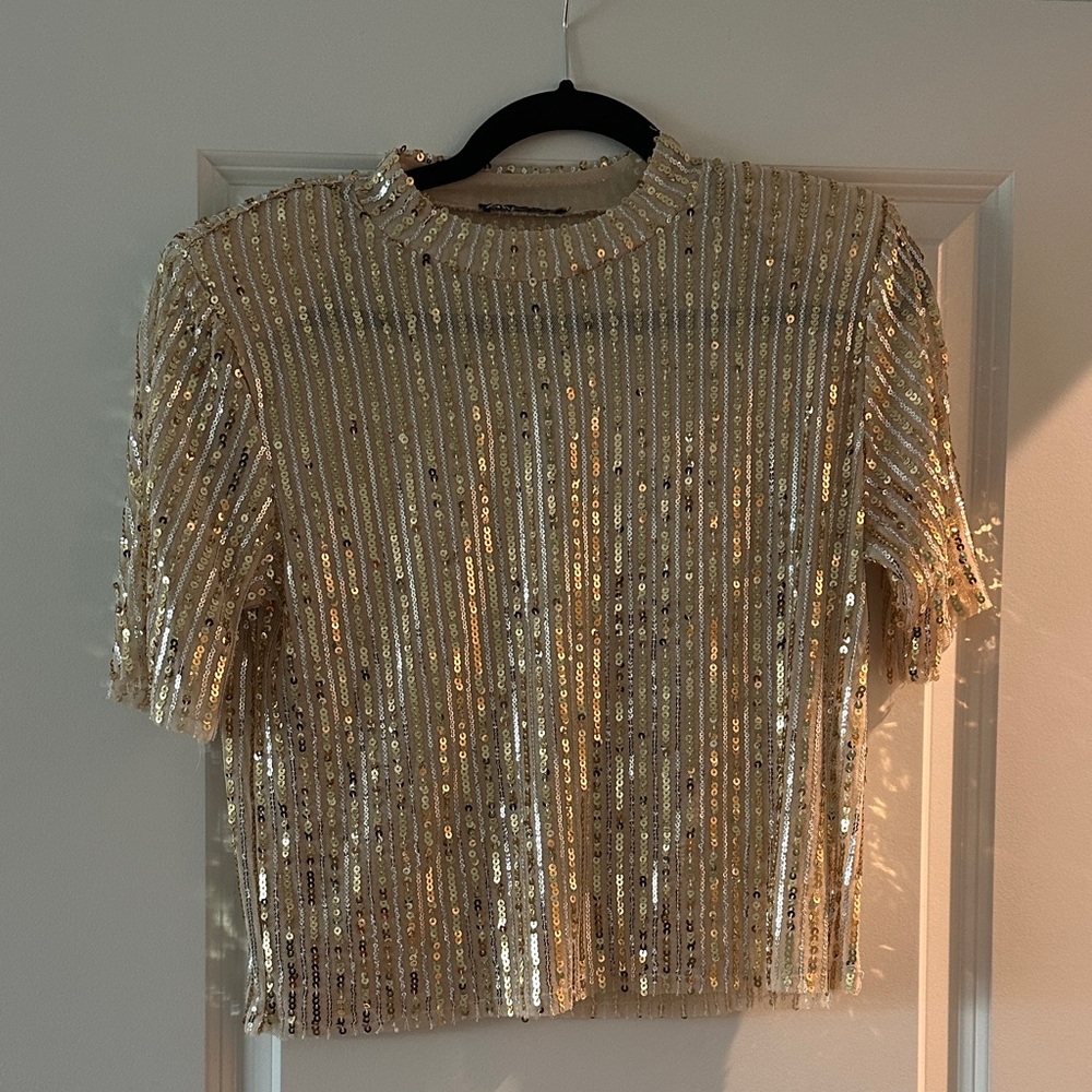Gold Sequin Stripe Short-Sleeve Top